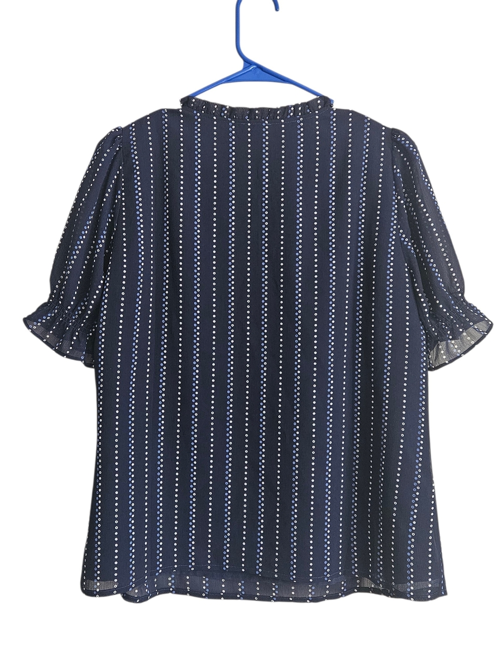 J. Crew Factory Navy Vertical Dot-Stripe Ruffle Sleeve Blouse Size M - Picture 2 of 5